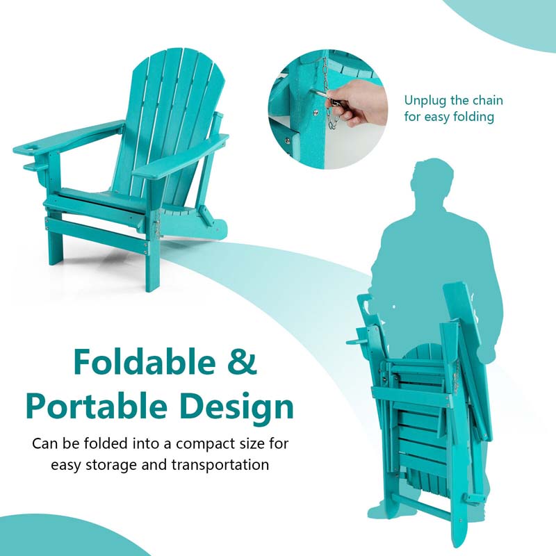 All-Weather Folding Adirondack Chair w/Retractable Ottoman & Cup Holder, HDPE Plastic Resin Outdoor Patio Lounger for Pool Deck