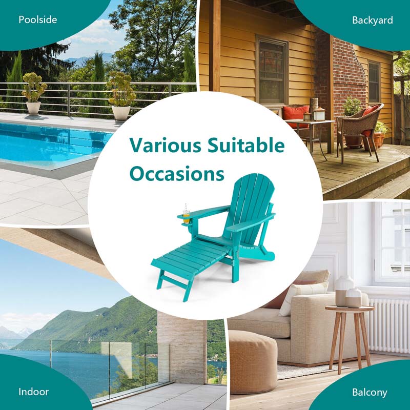 All-Weather Folding Adirondack Chair w/Retractable Ottoman & Cup Holder, HDPE Plastic Resin Outdoor Patio Lounger for Pool Deck
