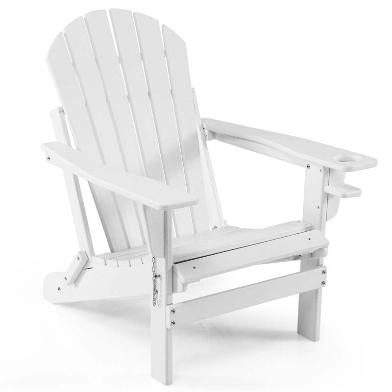 All-Weather Folding Adirondack Chair w/Retractable Ottoman & Cup Holder, HDPE Plastic Resin Outdoor Patio Lounger for Pool Deck