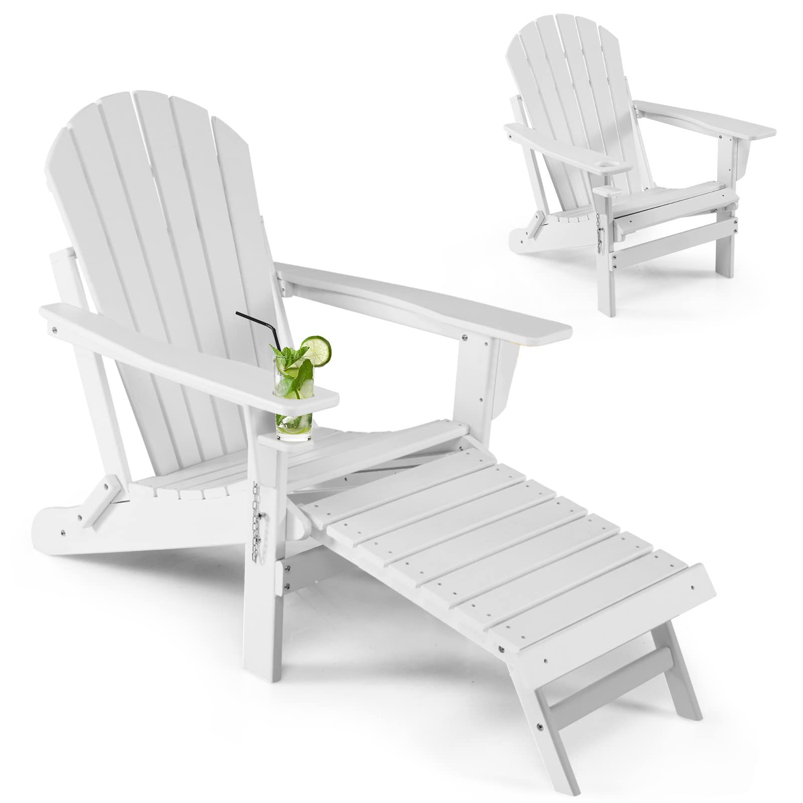 All-Weather Folding Adirondack Chair w/Retractable Ottoman & Cup Holder, HDPE Plastic Resin Outdoor Patio Lounger for Pool Deck