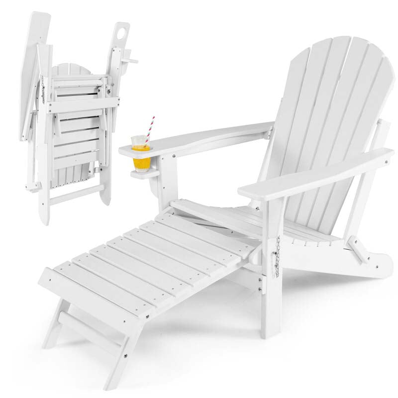 All-Weather Folding Adirondack Chair w/Retractable Ottoman & Cup Holder, HDPE Plastic Resin Outdoor Patio Lounger for Pool Deck