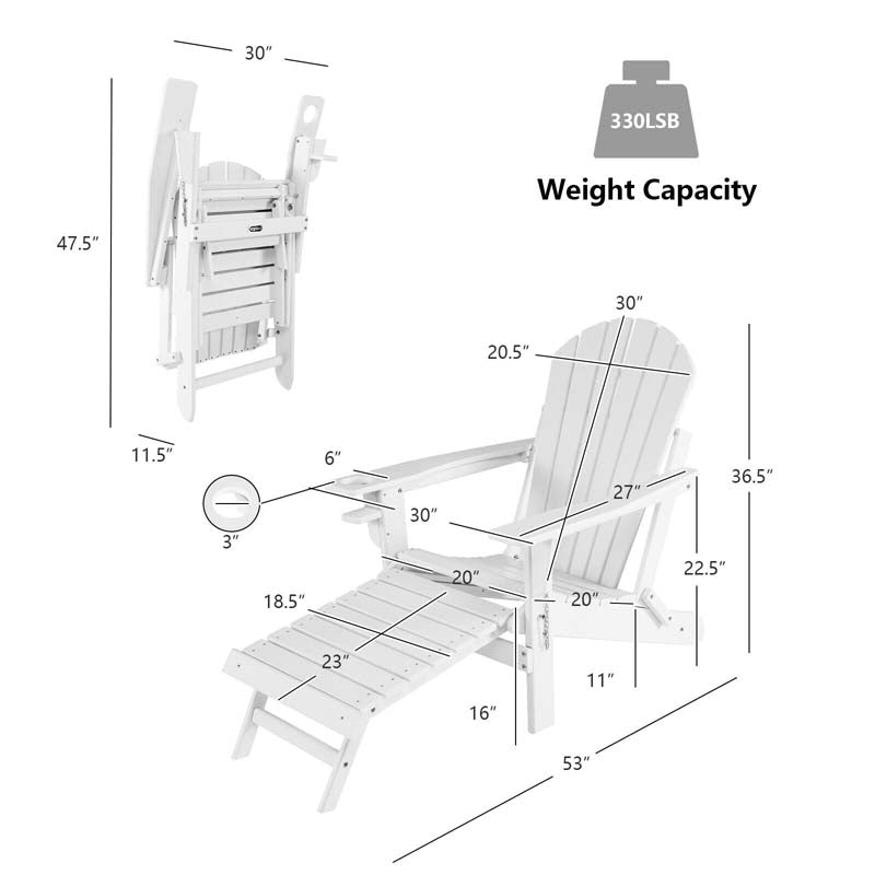 All-Weather Folding Adirondack Chair w/Retractable Ottoman & Cup Holder, HDPE Plastic Resin Outdoor Patio Lounger for Pool Deck