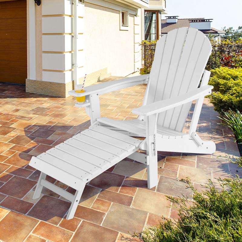 All-Weather Folding Adirondack Chair w/Retractable Ottoman & Cup Holder, HDPE Plastic Resin Outdoor Patio Lounger for Pool Deck