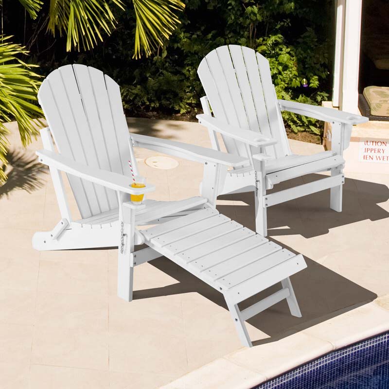 All-Weather Folding Adirondack Chair w/Retractable Ottoman & Cup Holder, HDPE Plastic Resin Outdoor Patio Lounger for Pool Deck