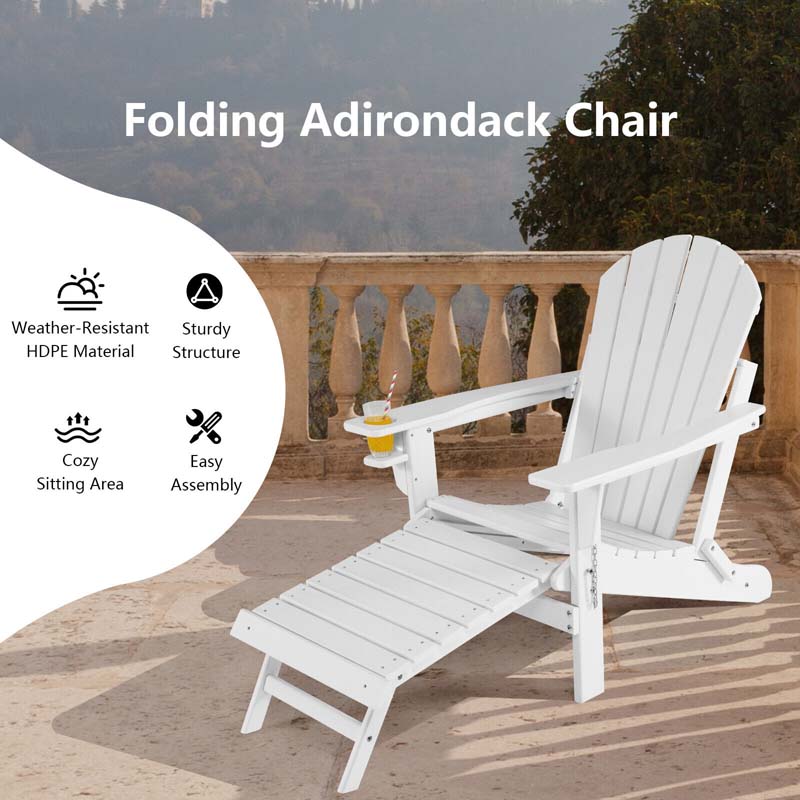 All-Weather Folding Adirondack Chair w/Retractable Ottoman & Cup Holder, HDPE Plastic Resin Outdoor Patio Lounger for Pool Deck