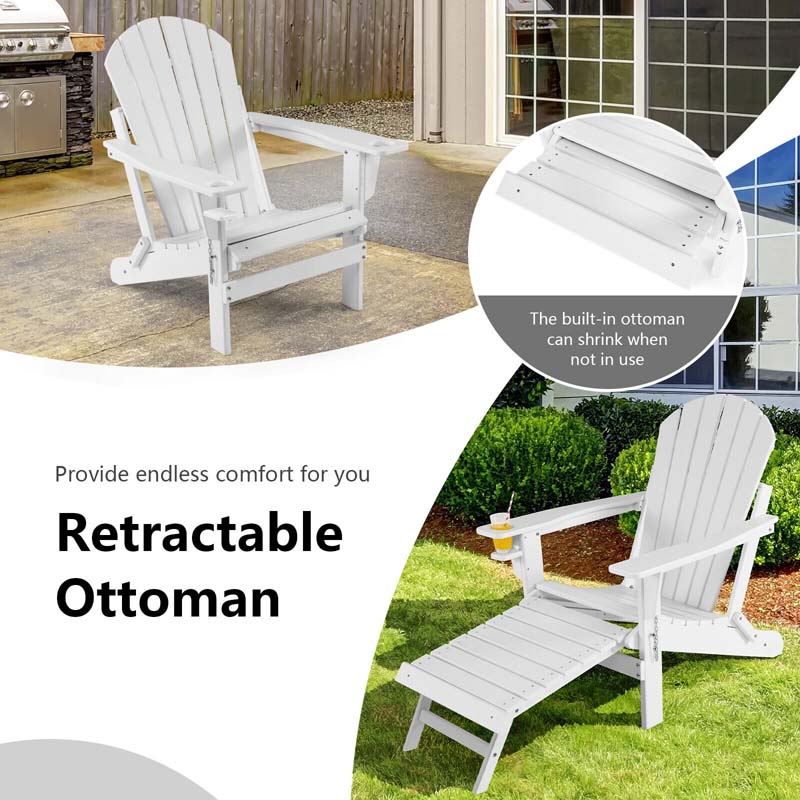 All-Weather Folding Adirondack Chair w/Retractable Ottoman & Cup Holder, HDPE Plastic Resin Outdoor Patio Lounger for Pool Deck