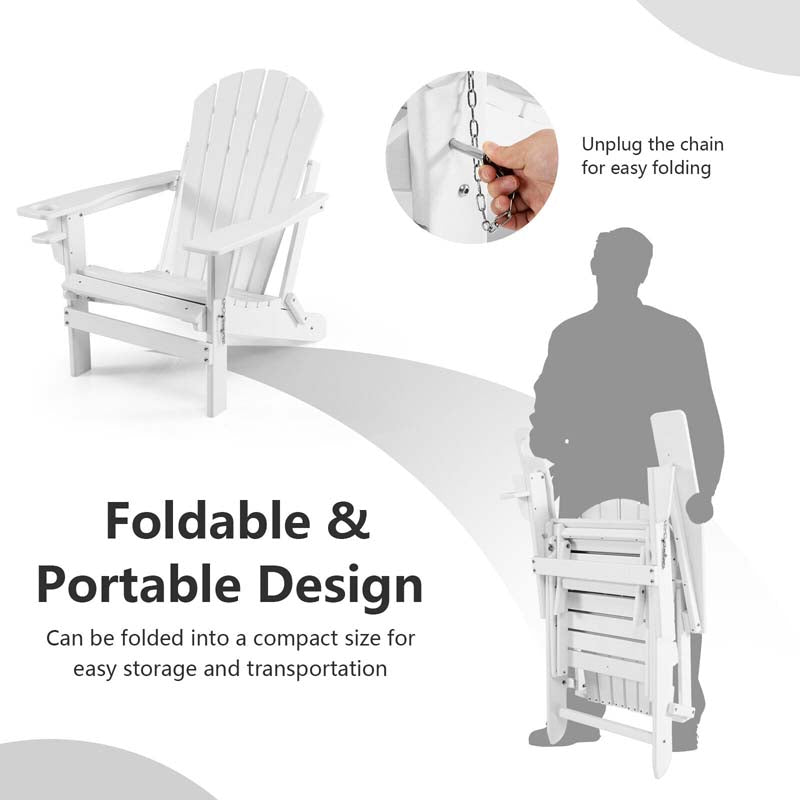 All-Weather Folding Adirondack Chair w/Retractable Ottoman & Cup Holder, HDPE Plastic Resin Outdoor Patio Lounger for Pool Deck