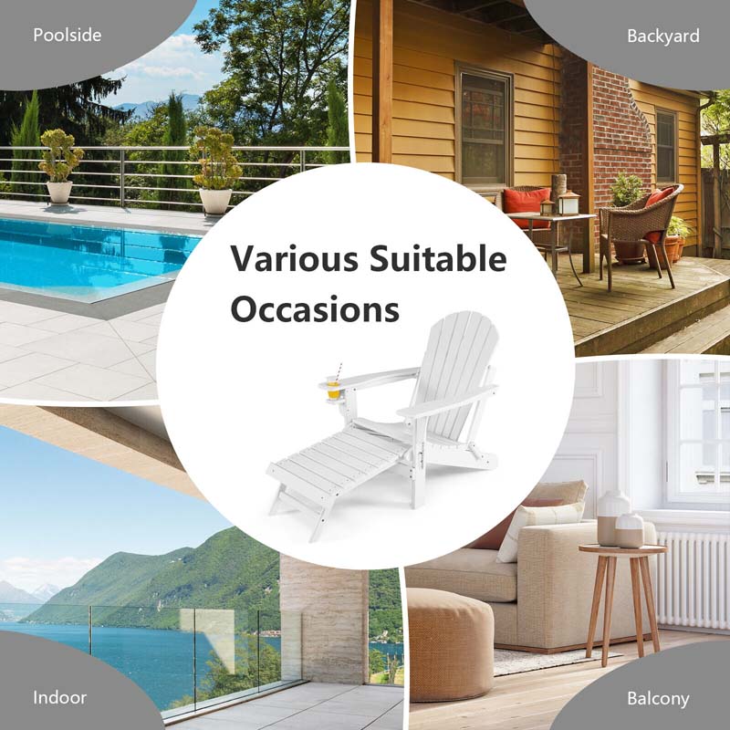 All-Weather Folding Adirondack Chair w/Retractable Ottoman & Cup Holder, HDPE Plastic Resin Outdoor Patio Lounger for Pool Deck