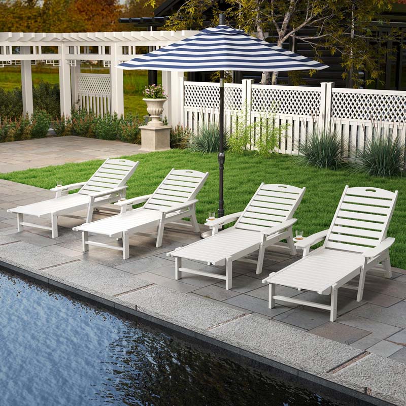 Outdoor Chaise Lounge Chair with 4-Position Backrest & Cup Holder, Weatherproof HDPE Reclining Patio Chair for Poolside, Backyard, Garden