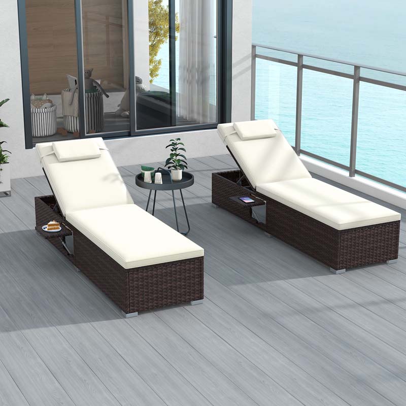 Outdoor Rattan Chaise Lounge with 6-Level Adjustable Backrest, Cushions & Headrest, Patio Reclining Lounge Chair for Poolside Backyard