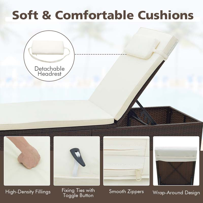 Outdoor Rattan Chaise Lounge with 6-Level Adjustable Backrest, Cushions & Headrest, Patio Reclining Lounge Chair for Poolside Backyard