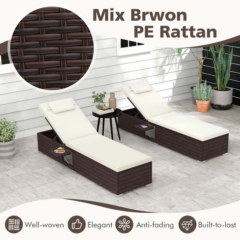 Outdoor Rattan Chaise Lounge with 6-Level Adjustable Backrest, Cushions & Headrest, Patio Reclining Lounge Chair for Poolside Backyard