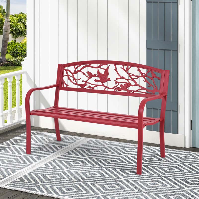 50" Heavy-Duty Metal Garden Bench with Cast Iron Bird & Twig Backrest, Ergonomic Armrests, 600lb Capacity Outdoor Bench for Patio, Porch & Park