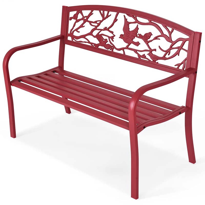 50" Heavy-Duty Metal Garden Bench with Cast Iron Bird & Twig Backrest, Ergonomic Armrests, 600lb Capacity Outdoor Bench for Patio, Porch & Park