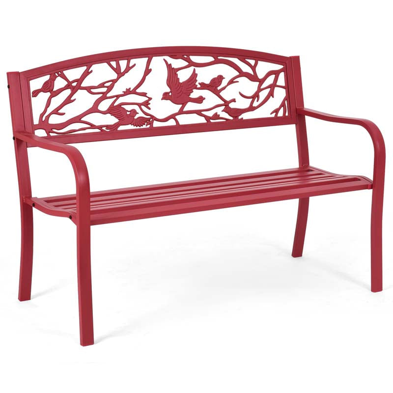 50" Heavy-Duty Metal Garden Bench with Cast Iron Bird & Twig Backrest, Ergonomic Armrests, 600lb Capacity Outdoor Bench for Patio, Porch & Park