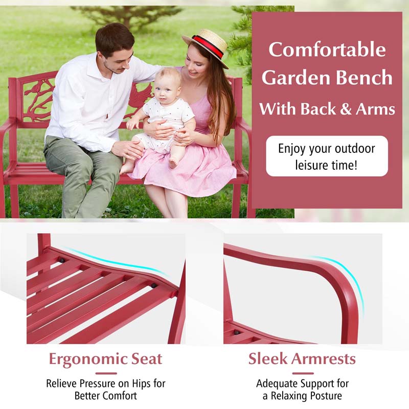 50" Heavy-Duty Metal Garden Bench with Cast Iron Bird & Twig Backrest, Ergonomic Armrests, 600lb Capacity Outdoor Bench for Patio, Porch & Park