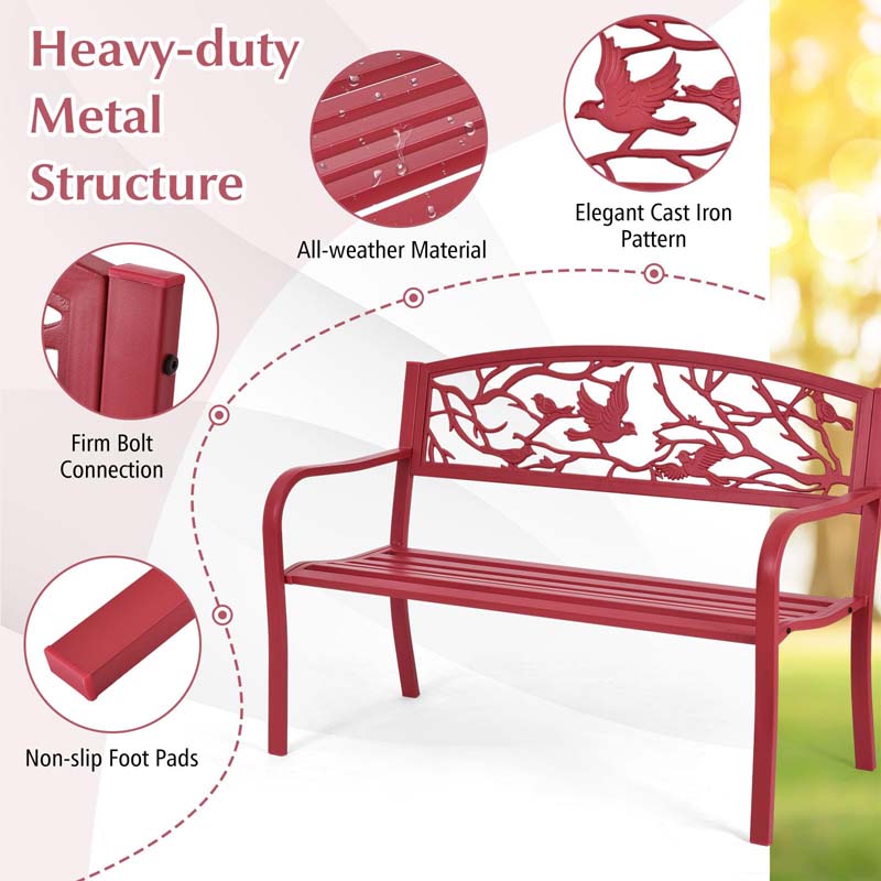 50" Heavy-Duty Metal Garden Bench with Cast Iron Bird & Twig Backrest, Ergonomic Armrests, 600lb Capacity Outdoor Bench for Patio, Porch & Park