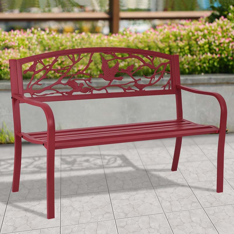 50" Heavy-Duty Metal Garden Bench with Cast Iron Bird & Twig Backrest, Ergonomic Armrests, 600lb Capacity Outdoor Bench for Patio, Porch & Park