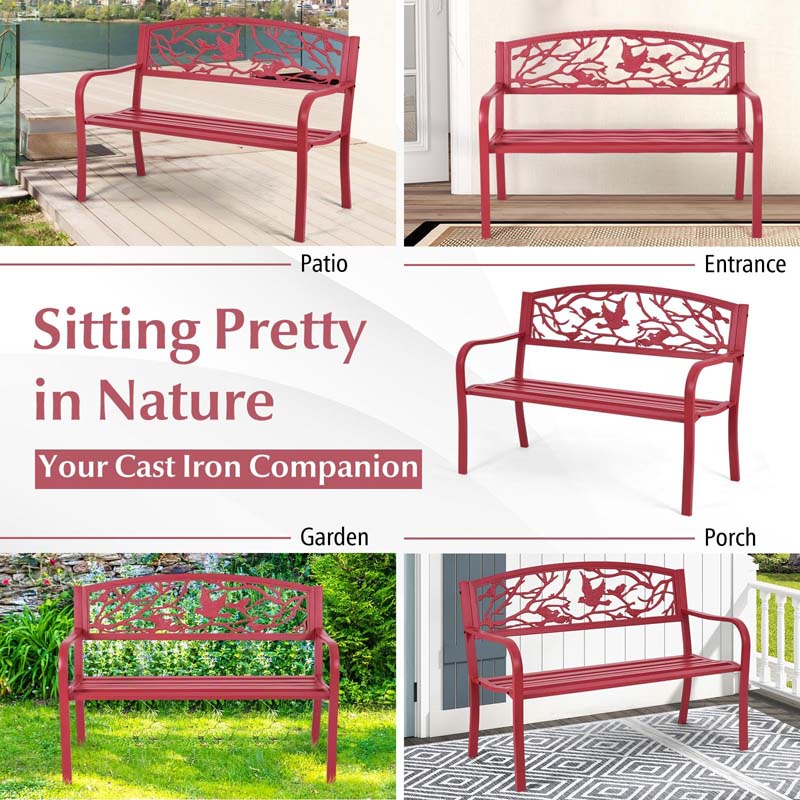 50" Heavy-Duty Metal Garden Bench with Cast Iron Bird & Twig Backrest, Ergonomic Armrests, 600lb Capacity Outdoor Bench for Patio, Porch & Park