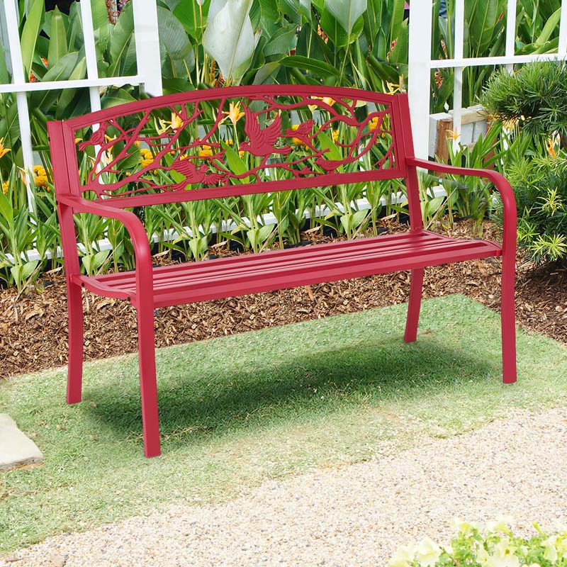 50" Heavy-Duty Metal Garden Bench with Cast Iron Bird & Twig Backrest, Ergonomic Armrests, 600lb Capacity Outdoor Bench for Patio, Porch & Park