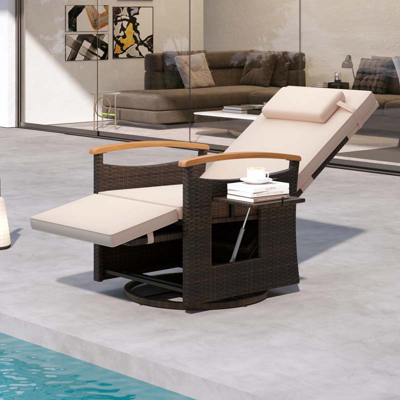 Outdoor Rattan 360° Swivel Recliner Chair, Patio Wicker Chaise Lounge Chair with Adjustable Backrest & Footrest, Flip Side Table & Cushions