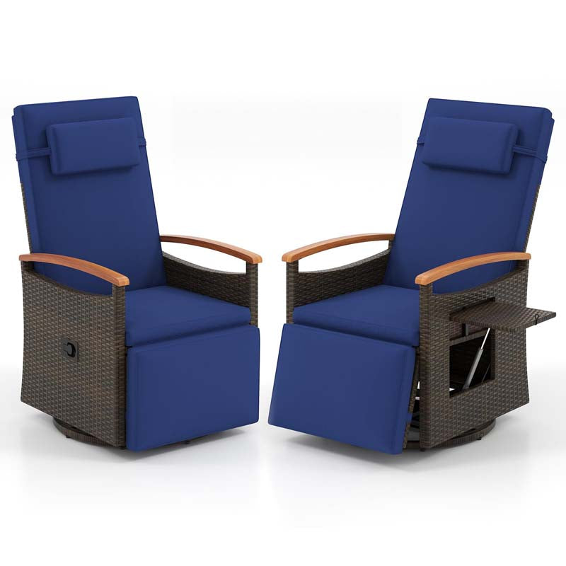 Outdoor Rattan 360° Swivel Recliner Chair, Patio Wicker Chaise Lounge Chair with Adjustable Backrest & Footrest, Flip Side Table & Cushions