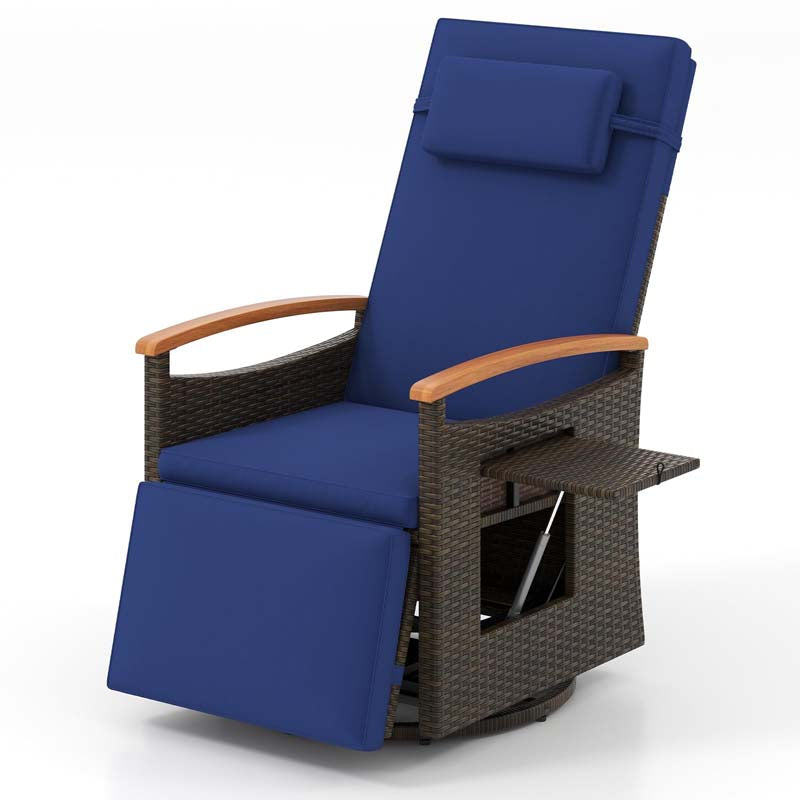 Outdoor Rattan 360° Swivel Recliner Chair, Patio Wicker Chaise Lounge Chair with Adjustable Backrest & Footrest, Flip Side Table & Cushions