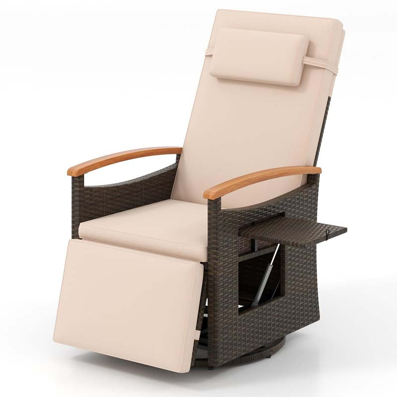 Outdoor Rattan 360° Swivel Recliner Chair, Patio Wicker Chaise Lounge Chair with Adjustable Backrest & Footrest, Flip Side Table & Cushions