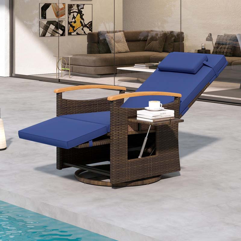 Outdoor Rattan 360° Swivel Recliner Chair, Patio Wicker Chaise Lounge Chair with Adjustable Backrest & Footrest, Flip Side Table & Cushions