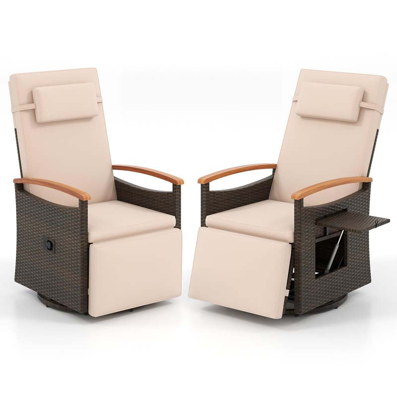 Outdoor Rattan 360° Swivel Recliner Chair, Patio Wicker Chaise Lounge Chair with Adjustable Backrest & Footrest, Flip Side Table & Cushions