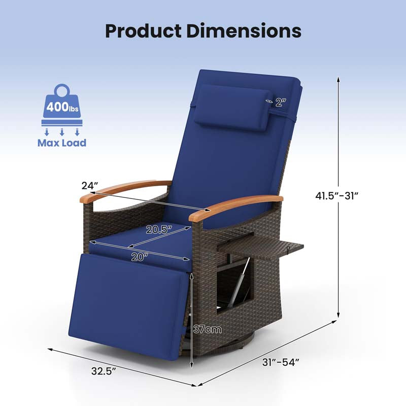Outdoor Rattan 360° Swivel Recliner Chair, Patio Wicker Chaise Lounge Chair with Adjustable Backrest & Footrest, Flip Side Table & Cushions