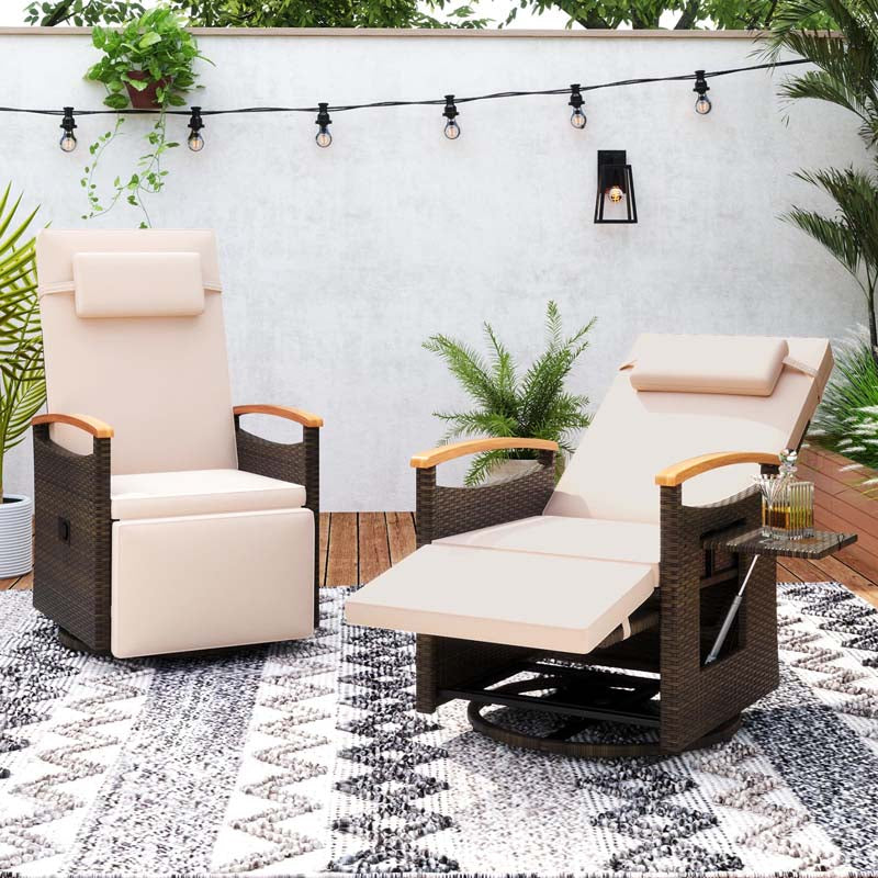 Outdoor Rattan 360° Swivel Recliner Chair, Patio Wicker Chaise Lounge Chair with Adjustable Backrest & Footrest, Flip Side Table & Cushions