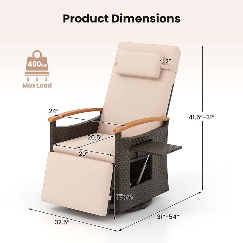 Outdoor Rattan 360° Swivel Recliner Chair, Patio Wicker Chaise Lounge Chair with Adjustable Backrest & Footrest, Flip Side Table & Cushions