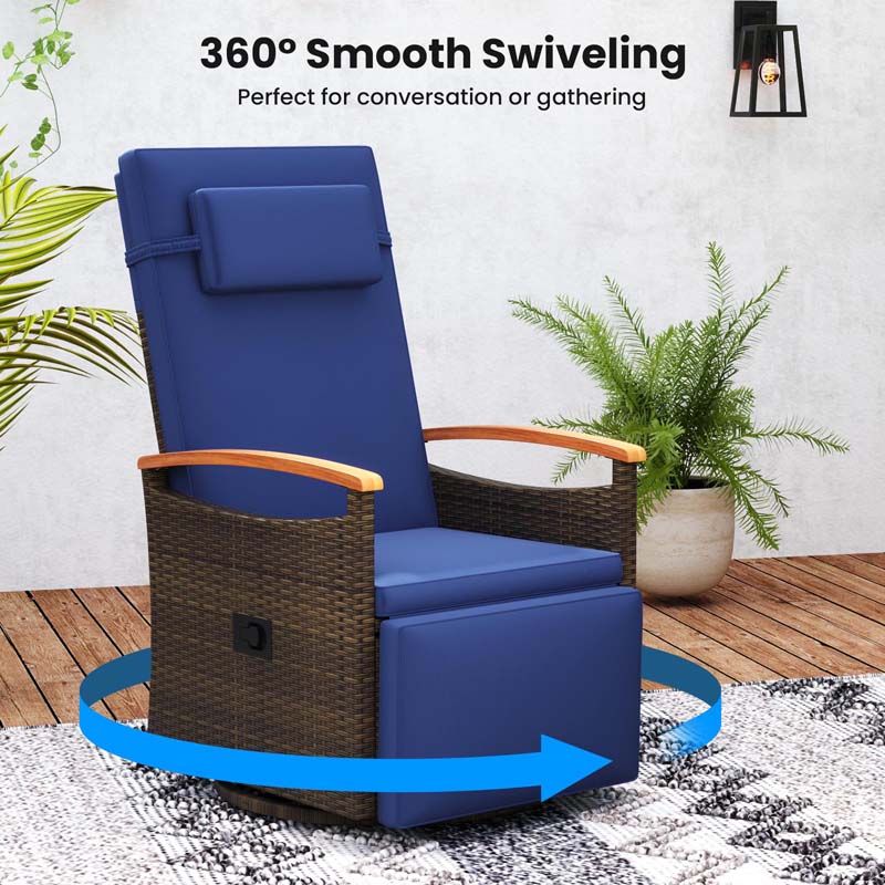 Outdoor Rattan 360° Swivel Recliner Chair, Patio Wicker Chaise Lounge Chair with Adjustable Backrest & Footrest, Flip Side Table & Cushions