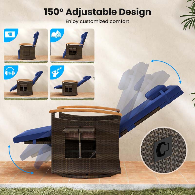 Outdoor Rattan 360° Swivel Recliner Chair, Patio Wicker Chaise Lounge Chair with Adjustable Backrest & Footrest, Flip Side Table & Cushions