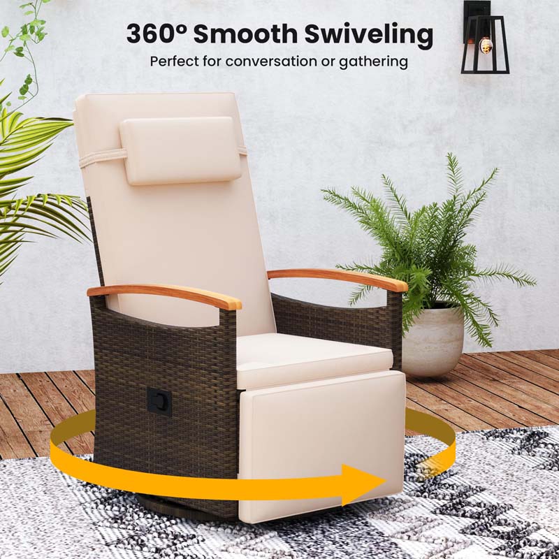 Outdoor Rattan 360° Swivel Recliner Chair, Patio Wicker Chaise Lounge Chair with Adjustable Backrest & Footrest, Flip Side Table & Cushions