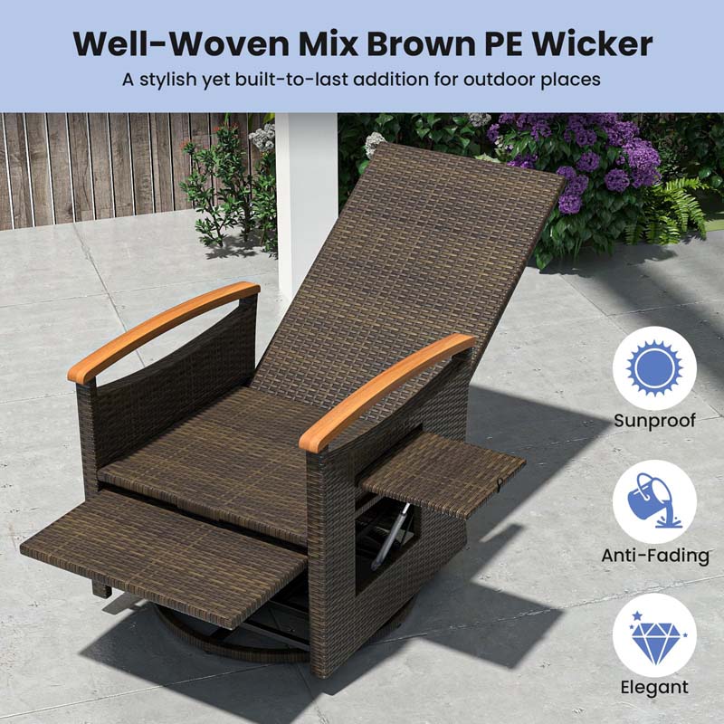 Outdoor Rattan 360° Swivel Recliner Chair, Patio Wicker Chaise Lounge Chair with Adjustable Backrest & Footrest, Flip Side Table & Cushions