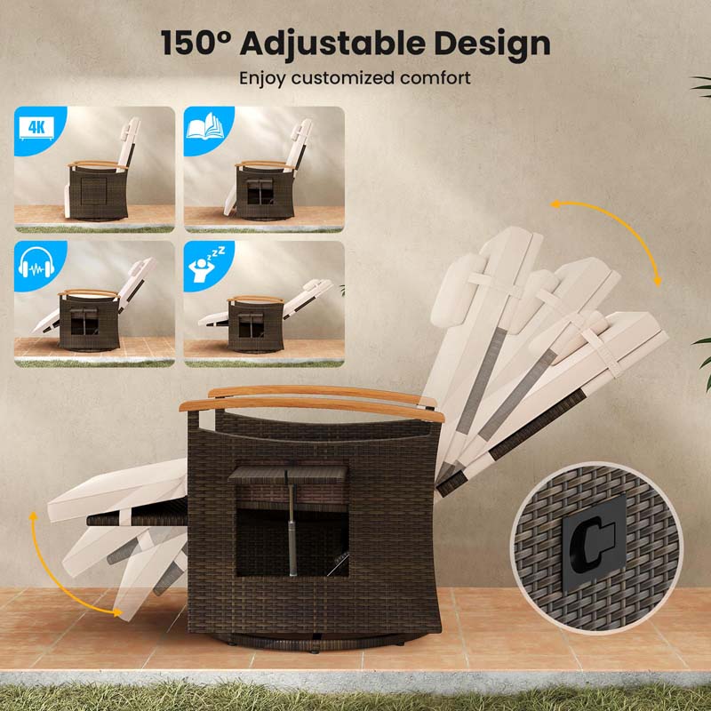 Outdoor Rattan 360° Swivel Recliner Chair, Patio Wicker Chaise Lounge Chair with Adjustable Backrest & Footrest, Flip Side Table & Cushions