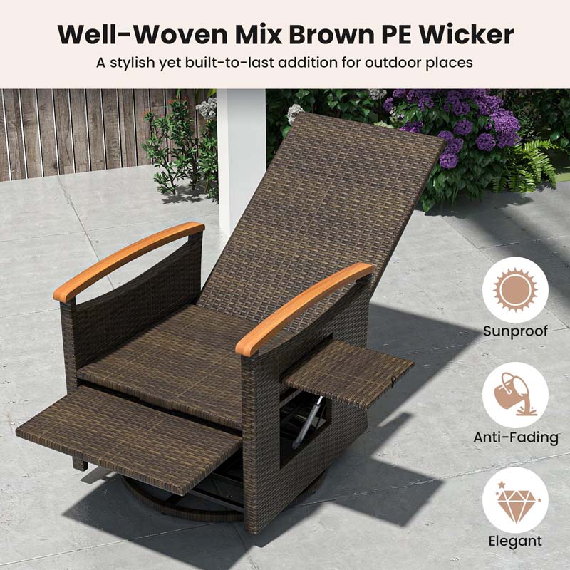 Outdoor Rattan 360° Swivel Recliner Chair, Patio Wicker Chaise Lounge Chair with Adjustable Backrest & Footrest, Flip Side Table & Cushions