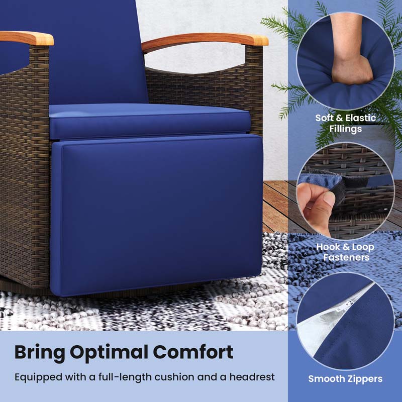 Outdoor Rattan 360° Swivel Recliner Chair, Patio Wicker Chaise Lounge Chair with Adjustable Backrest & Footrest, Flip Side Table & Cushions