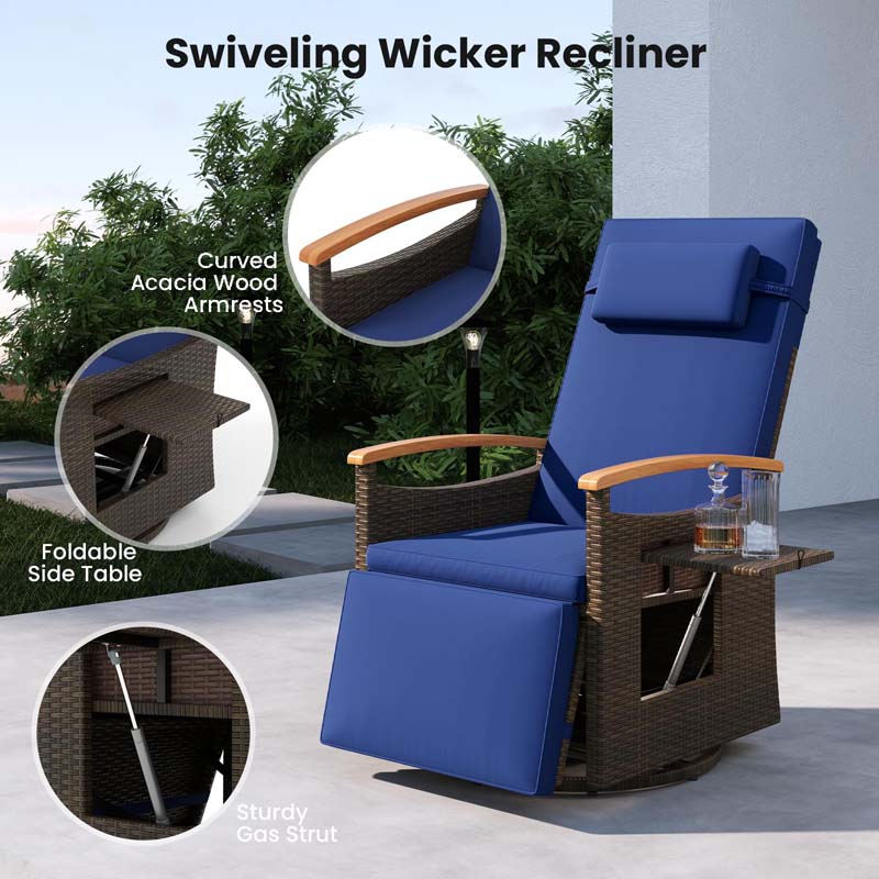 Outdoor Rattan 360° Swivel Recliner Chair, Patio Wicker Chaise Lounge Chair with Adjustable Backrest & Footrest, Flip Side Table & Cushions