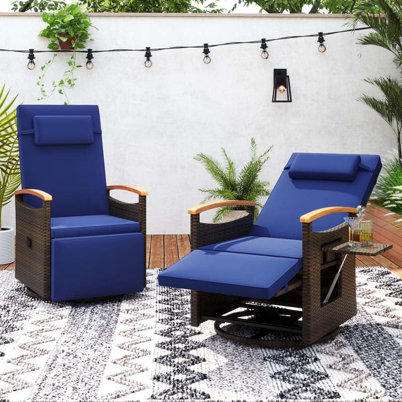 Outdoor Rattan 360° Swivel Recliner Chair, Patio Wicker Chaise Lounge Chair with Adjustable Backrest & Footrest, Flip Side Table & Cushions