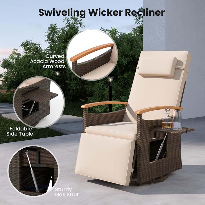 Outdoor Rattan 360° Swivel Recliner Chair, Patio Wicker Chaise Lounge Chair with Adjustable Backrest & Footrest, Flip Side Table & Cushions