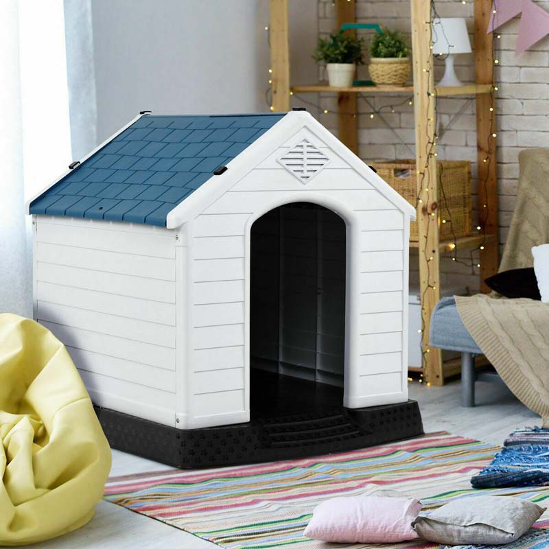 Waterproof Plastic Dog House with Elevated Floor & Air Vents for Small & Medium Dogs, Indoor Outdoor Dog Kennel Cat House Feeding Station