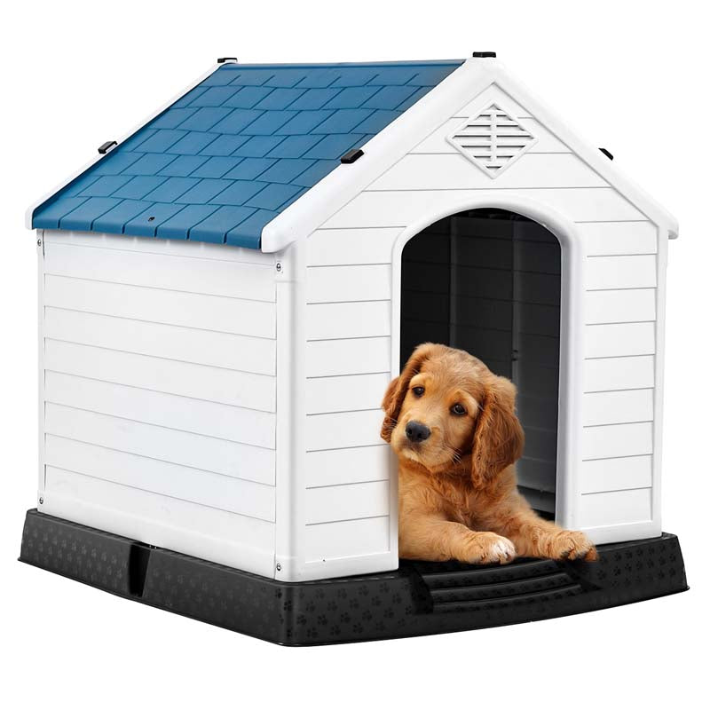 Waterproof Plastic Dog House with Elevated Floor & Air Vents for Small & Medium Dogs, Indoor Outdoor Dog Kennel Cat House Feeding Station