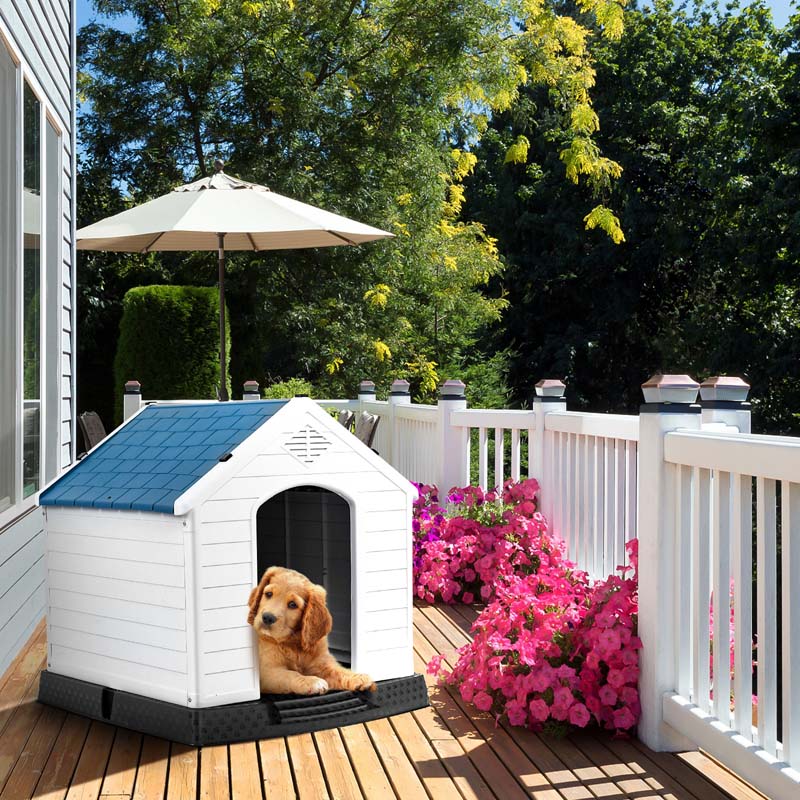 Waterproof Plastic Dog House with Elevated Floor & Air Vents for Small & Medium Dogs, Indoor Outdoor Dog Kennel Cat House Feeding Station