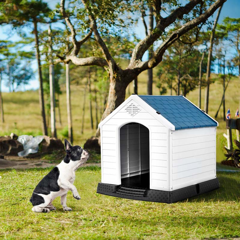 Waterproof Plastic Dog House with Elevated Floor & Air Vents for Small & Medium Dogs, Indoor Outdoor Dog Kennel Cat House Feeding Station