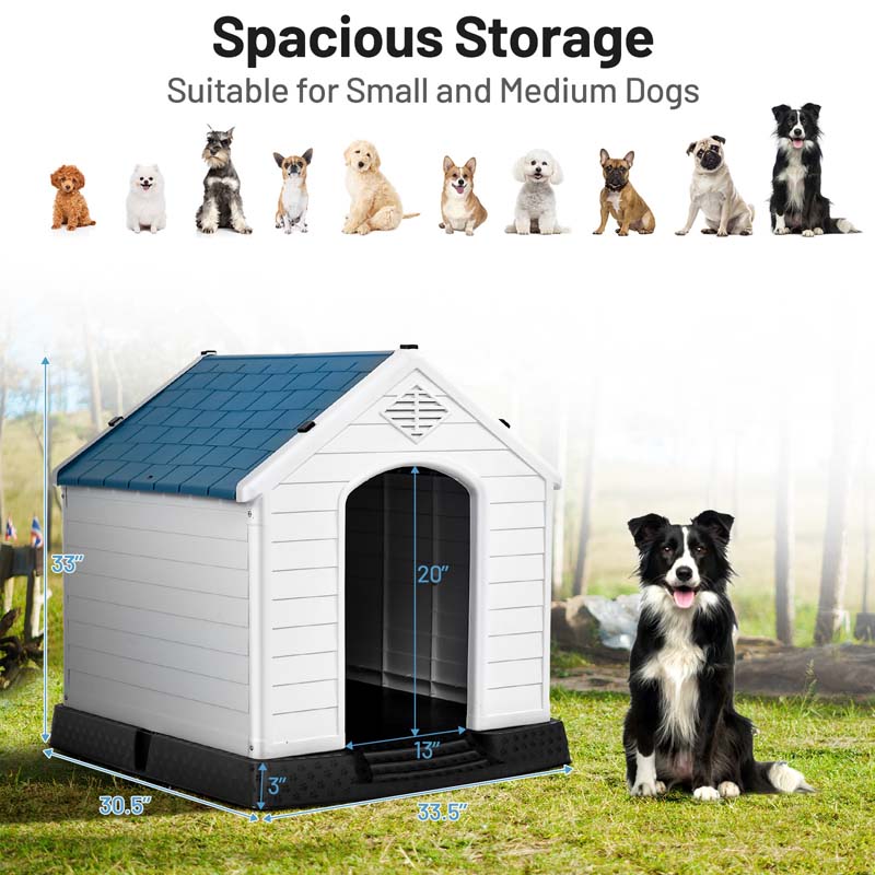 Waterproof Plastic Dog House with Elevated Floor & Air Vents for Small & Medium Dogs, Indoor Outdoor Dog Kennel Cat House Feeding Station