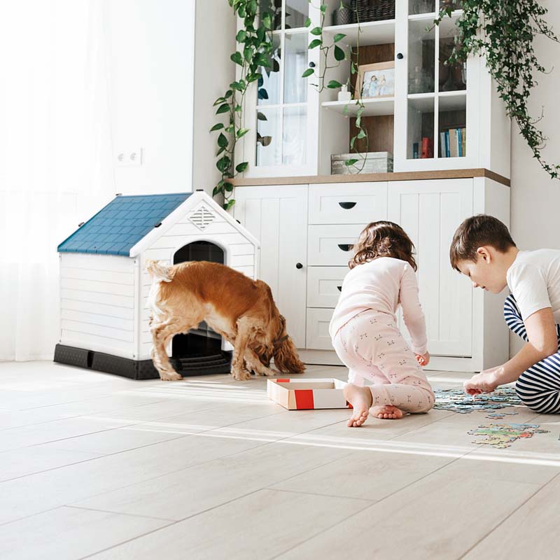 Waterproof Plastic Dog House with Elevated Floor & Air Vents for Small & Medium Dogs, Indoor Outdoor Dog Kennel Cat House Feeding Station