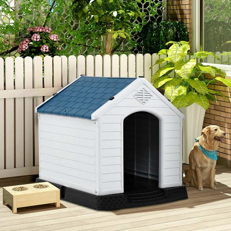 Waterproof Plastic Dog House with Elevated Floor & Air Vents for Small & Medium Dogs, Indoor Outdoor Dog Kennel Cat House Feeding Station